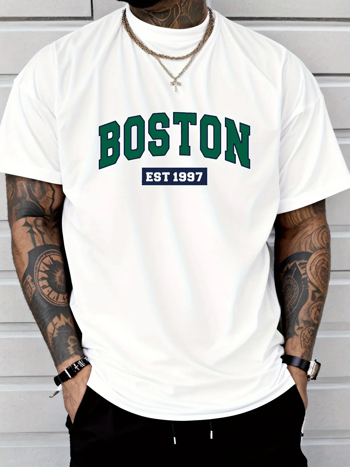 

men's 100% cotton casual sports loose plus BOSTON EST1997 print comfortable shopping round neck short sleeved T-shirt top