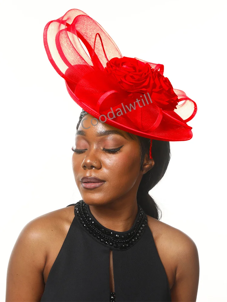 Red Wedding Fascinator Women Hats Flower Ladies Royal Ascot Chapeau Cap With Hair Clip Ladies Elegant Party Tea Millinery Cap