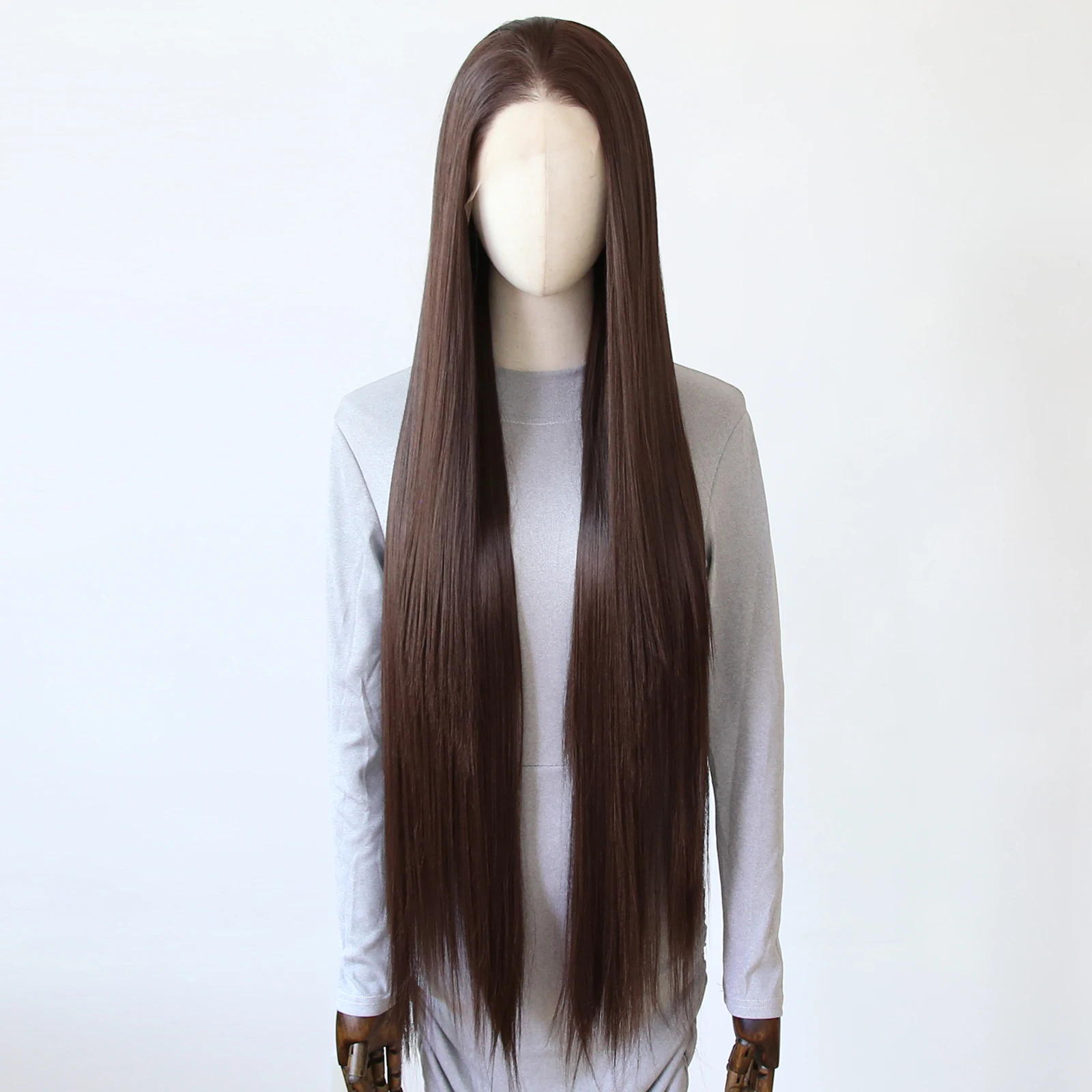 باروكة صناعية بدانتيل أمامي بطول 40 بوصة - شعر بني طويل مفرود، شوكولاتة داكنة وإسبريسو، مقاومة للحرارة، بدون صمغ، مظهر طبيعي #2