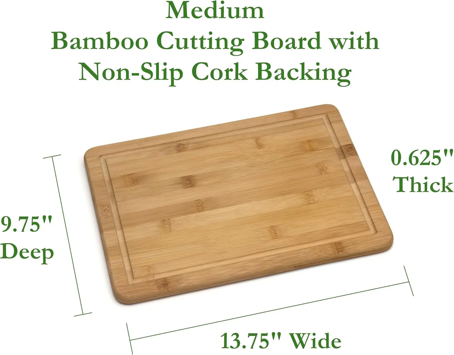 Bamboo Wood Cutting Board with Non-Slip Cork Backing for Kitchen Serving, 13.75 x 9.75 Inches