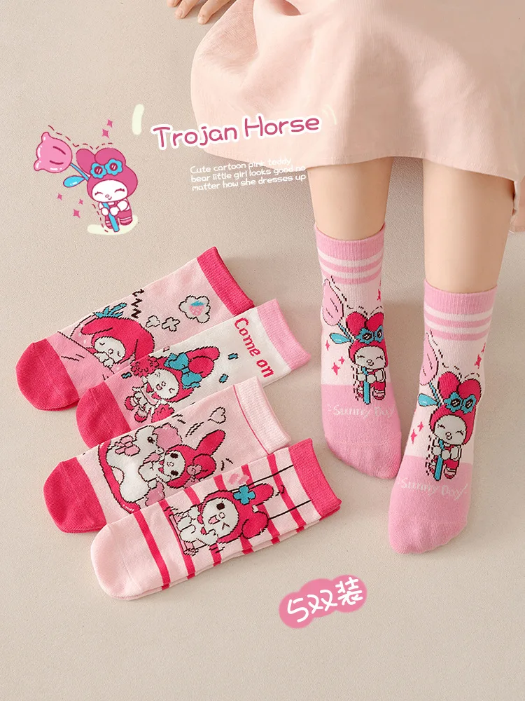 5 Pairs Sanrio Hello Kitty Kids Socks My Melody Kawaii New Fall Cartoon Children Mid-calf Socks Cotton Sock for Girls Gifts