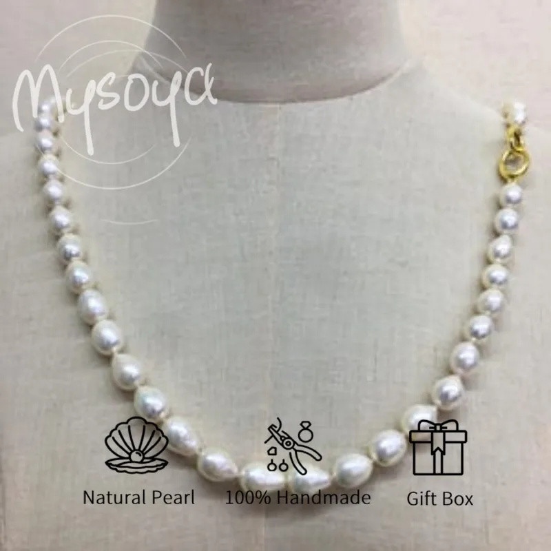 

MYSOYA длинное ожерелье из белого рисового пресноводного жемчуга 8-9 мм с подарочной коробкой для нее для дня рождения, дня святого Валентина, свадьбы