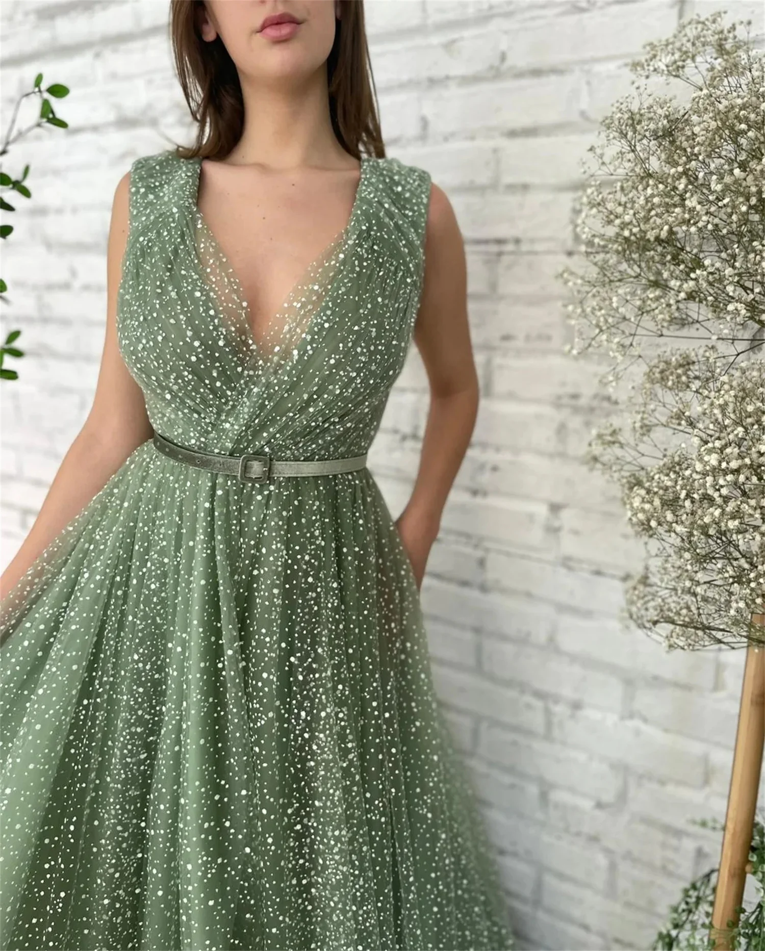 Lorrtta  Green Formal Prom Dresses Dot V-Neck A-Line Cap Sleeves Belt Evening Dress Dubia Occasional Party Gowns Customized