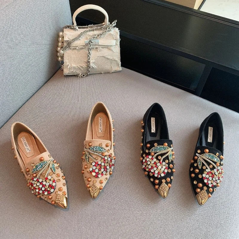 

Women's Pointed Tip Rhinestone Cherry Loafers Elegant Temperament Women Single Shoes Handmade Rivet Fashion Womens Flats Zapatos