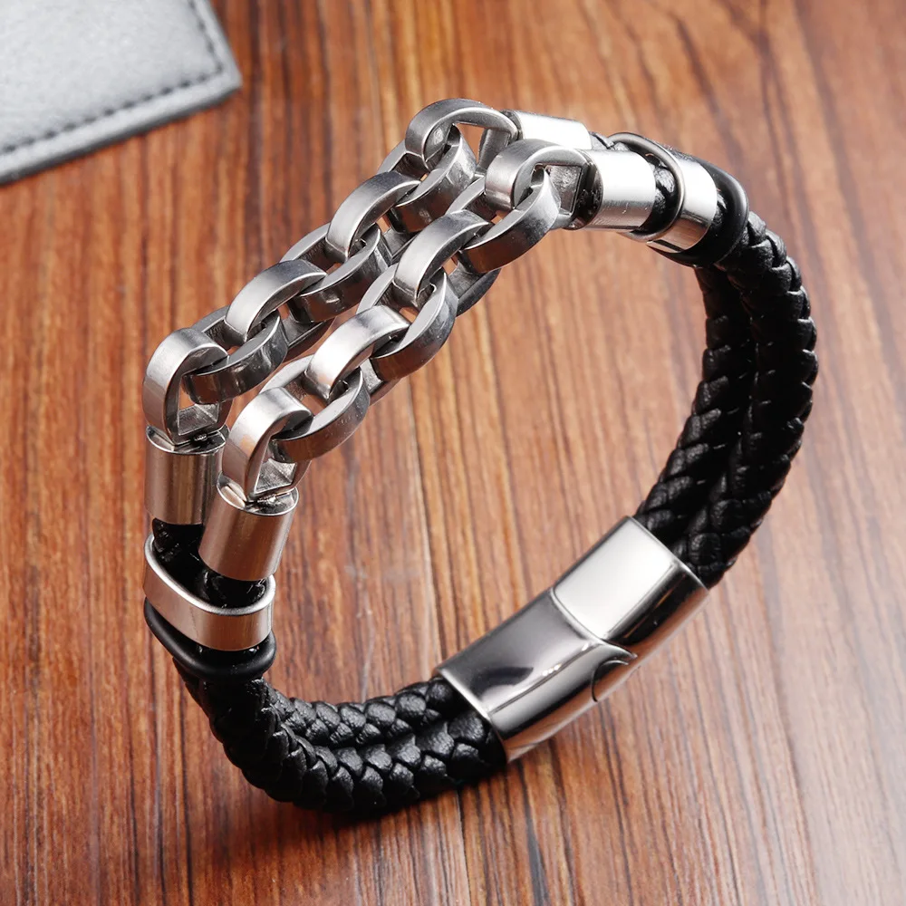 Stainless Steel Train Chain Adjustable Design Men's Genuine Leather Braided Bracelet Handmade Multi-Layer Leather Bangle