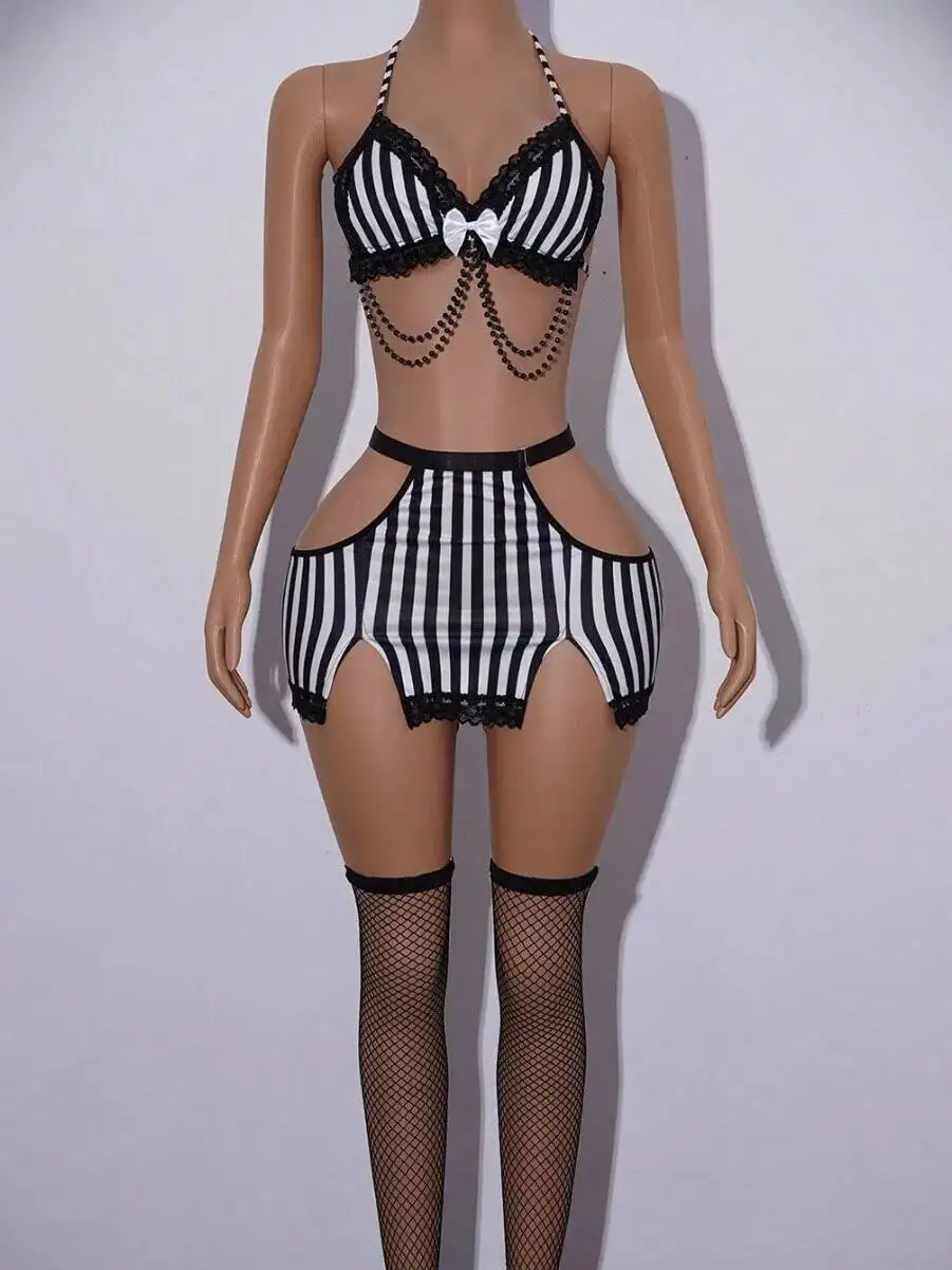 Halloween Black White Stripe Skirt Set With Lace Trim Bow Chain Detail Cut Out Skirt Choker Spooky Holiday Party For Women N9CI