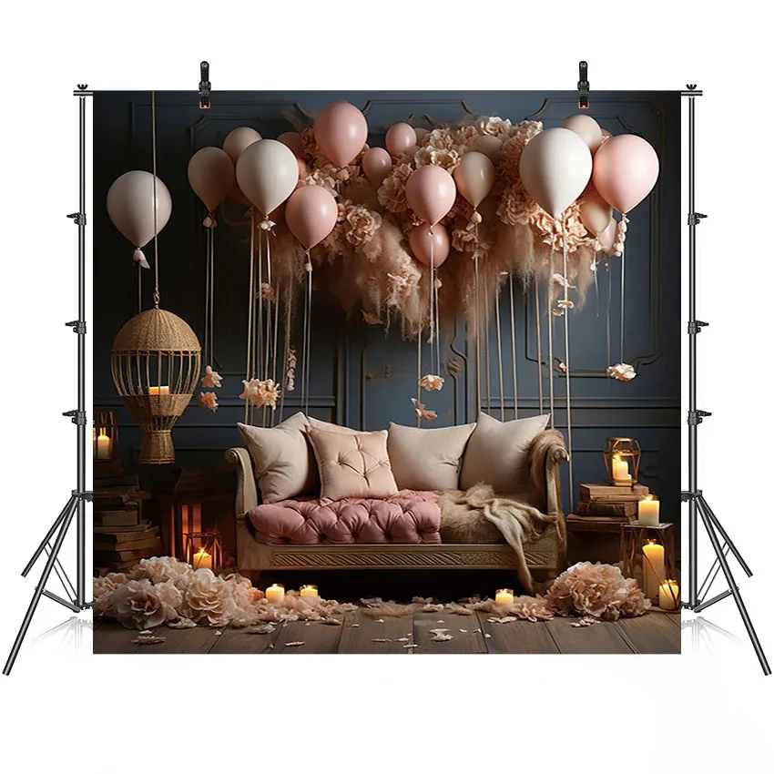 Mehofond Interior Boho Flower Photo Backdrop Princess Newborn Birthday Party Pink Balloon Candle Decor Photography Background