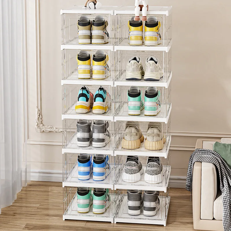1PC 6 Tier Foldable Shoe Box Clear Stackable Shoe Organizer Dustproof Collapsible Shoes Storage Cabinet for Closet Entryway image 5