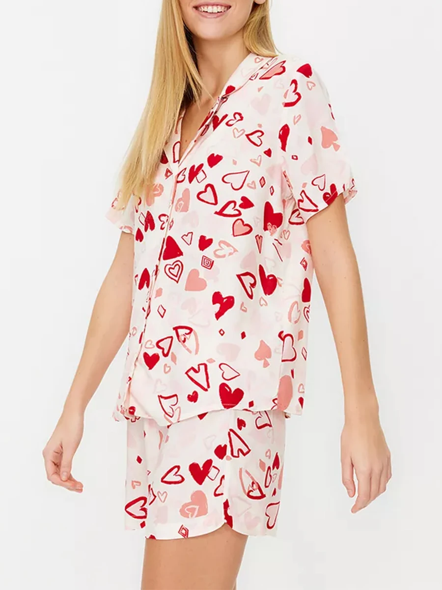 Women Short Pajama Set Heart Print Lapel Neck Button-up Short Sleeve Tops Shorts 2-Piece Loungewear Valentine s Day Outfit