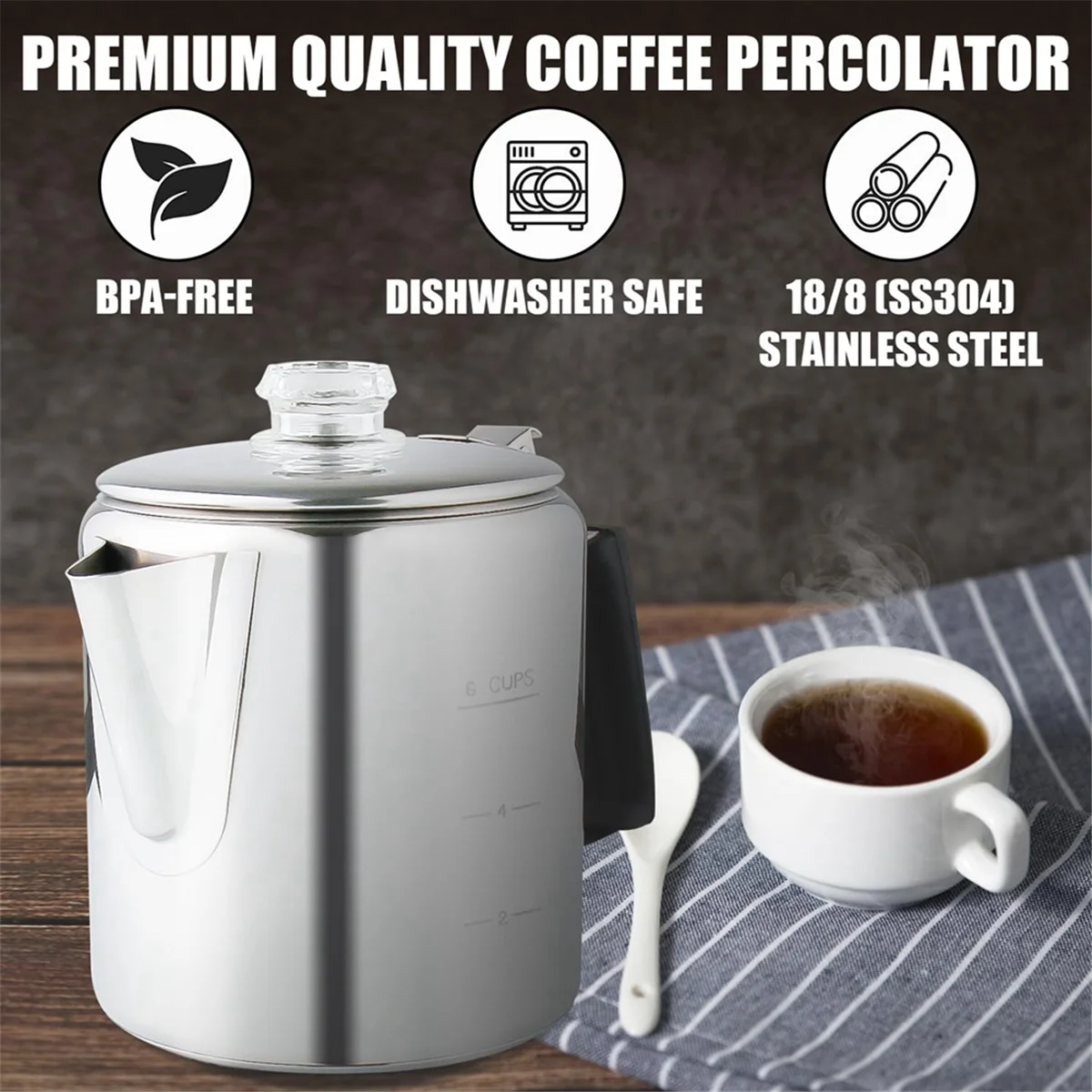 

Multi Use Percolator Coffee Pot with Heat Resistant Glass Knob & Silica Gel Handle, for Indoor Induction Cooktop, 6 CupJADD