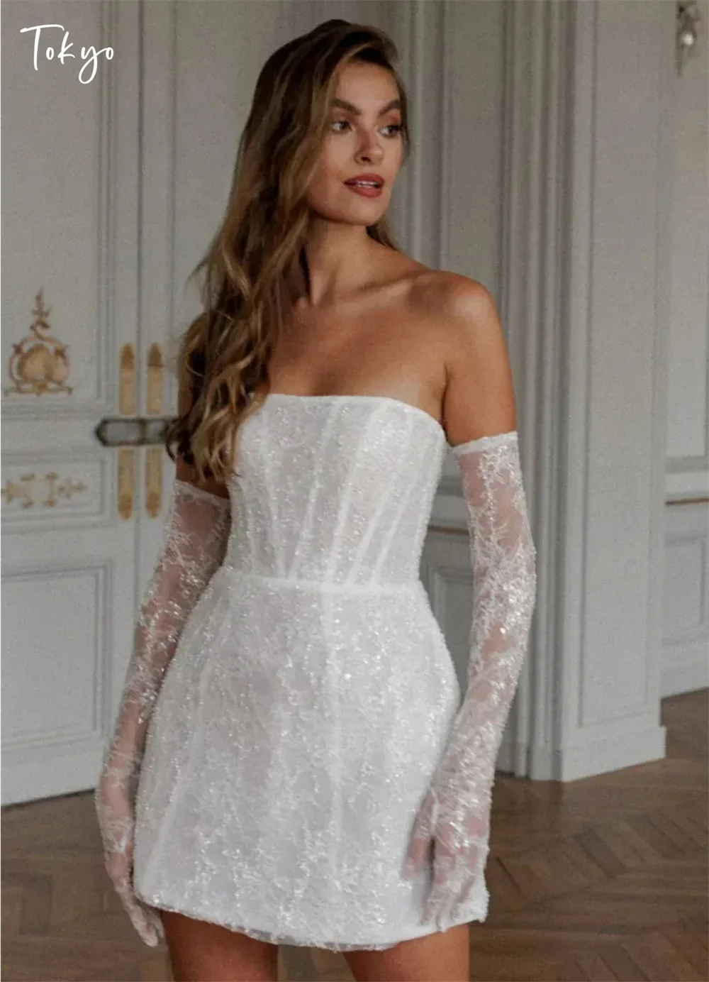 

Tokyo Customized White Strapless Neck Wedding Dress Detachable Sleeves Lace-Up Back Bridal Gown Elegant A-Line Mini Wedding Gown