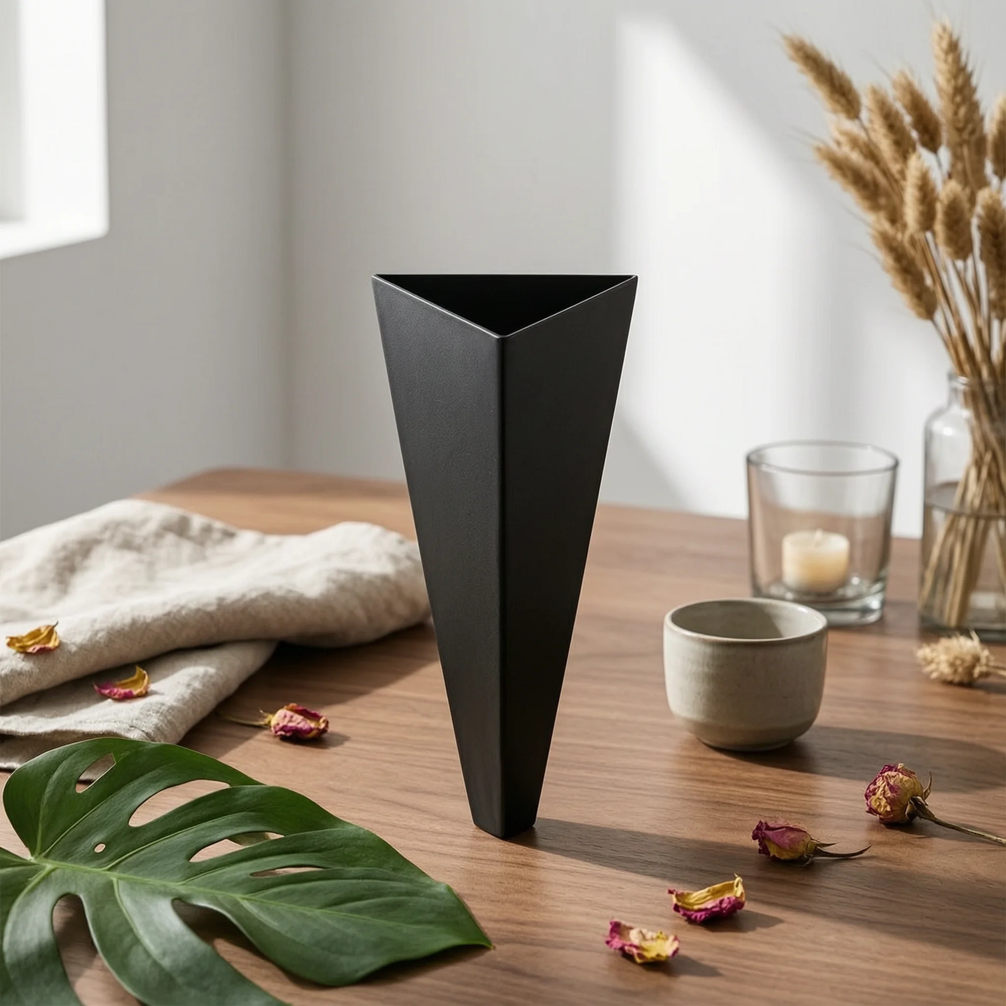Cone Vase with Square Base Conical Triangular Iron Vase Flower Holder Tabletop Vessel Sculptural for Minimalists, Living Room