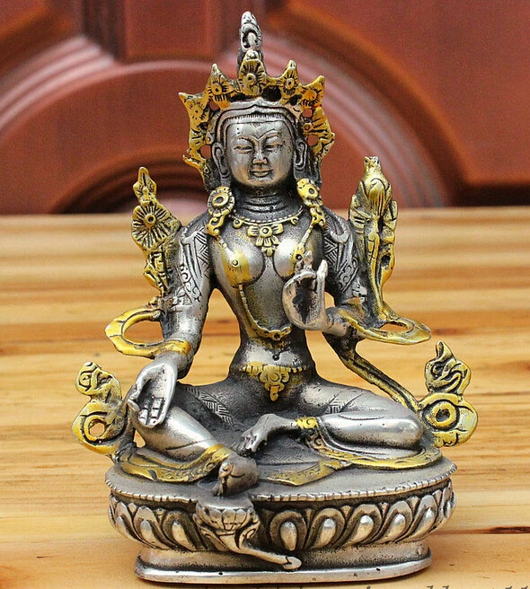 decoration Tibet copper silver   Tibet Fane Silver Gilt Green Tara Mahayana Buddhism enlightenment Goddess Statue