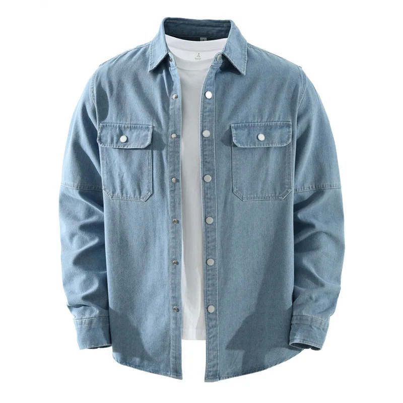 

Casual New Mens Jean Shirts Long Sleeve Korean Style Denim Shirt Men Pure Cotton Tops Double Pocket Snap Button Shirt Youthful