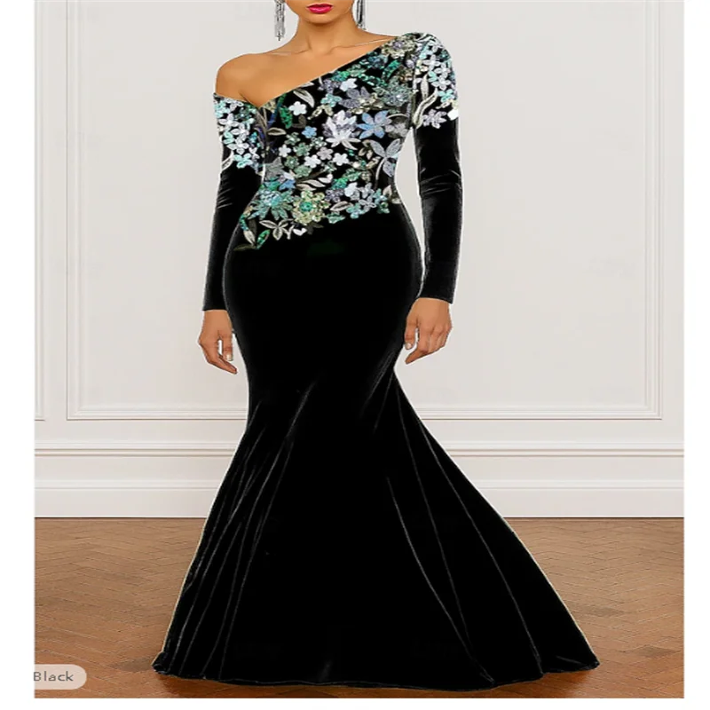 Green Mermaid / Trumpet Evening Gown Elegant Formal Dress Formal Wedding Floor Length Long Sleeve One Shoulder Velvet Customized