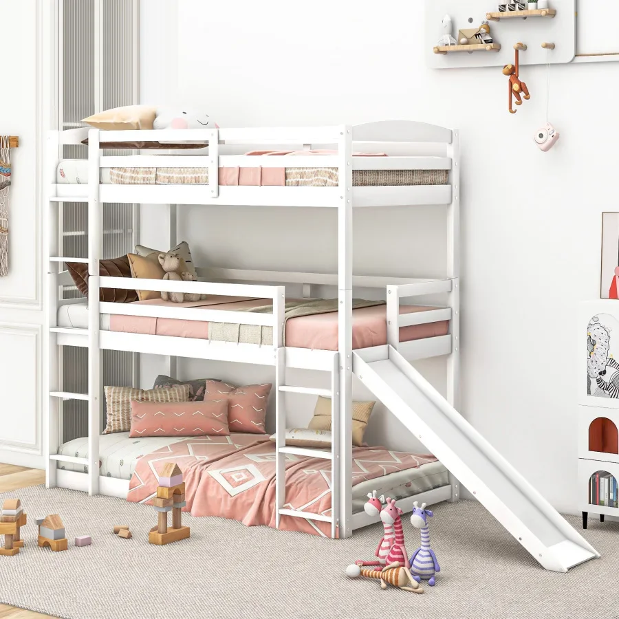 Adjustable Triple Bunk Bed with Ladder and Slide, White,versatile Usage,Maximized Space,Sturdy and Dura