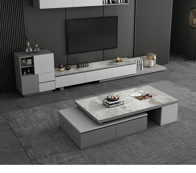 حامل تلفاز فاخر من الرخام الأسود 2020 أثاث غرفة المعيشة خزانة تلفزيون من الفولاذ المقاوم للصدأ حامل وحدة تحكم تلفزيون خشبية حديثة