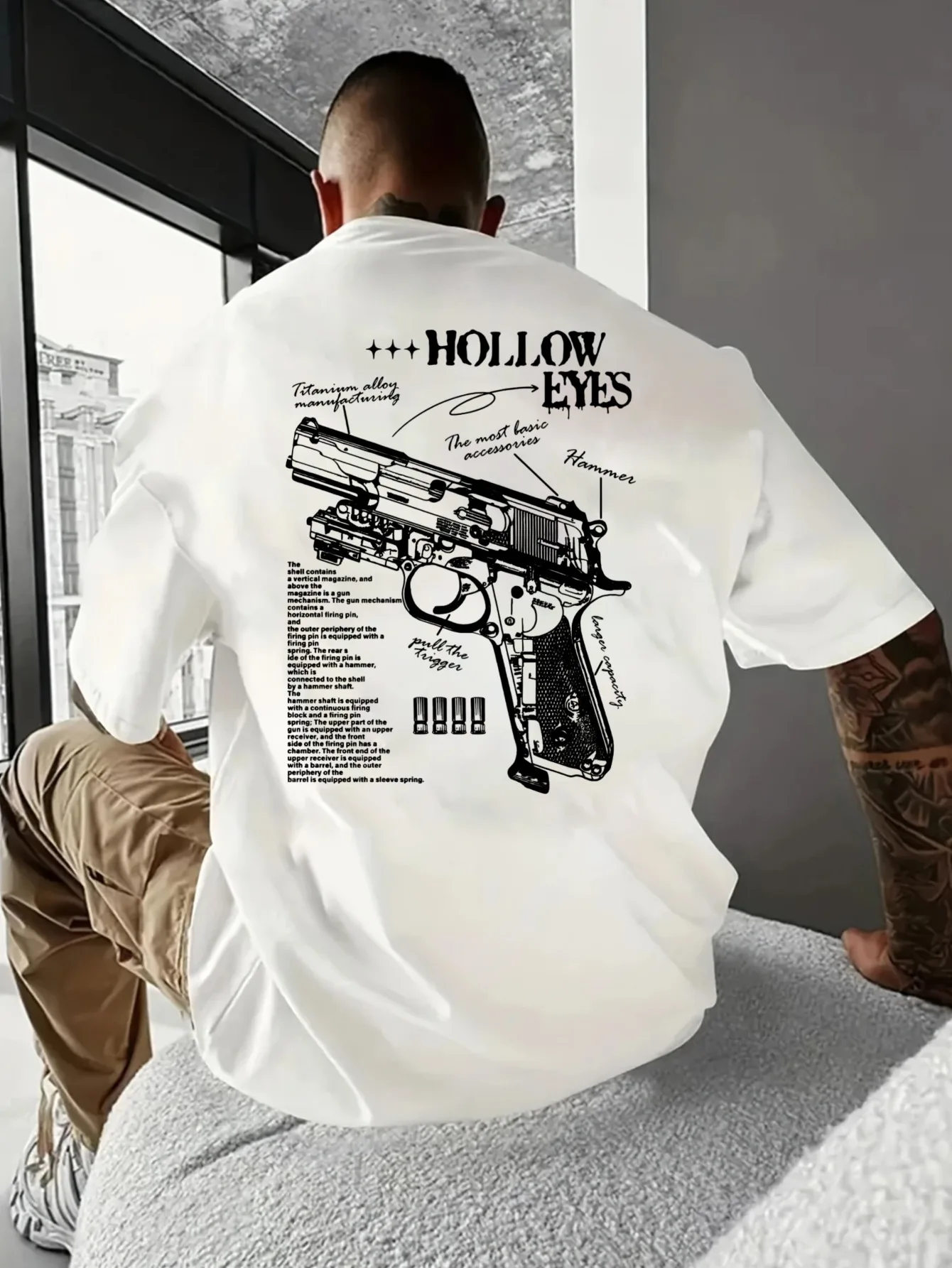 

Black Edge Gun Sketch Back Print, Casual, Men's Short Sleeved T-shirt