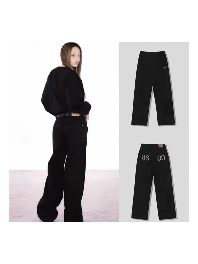 

Elegant High Waist Embroidered Letter Pocket Jeans Loose Straight Leg Slimming Long Trousers for Women Autumn New Arrival