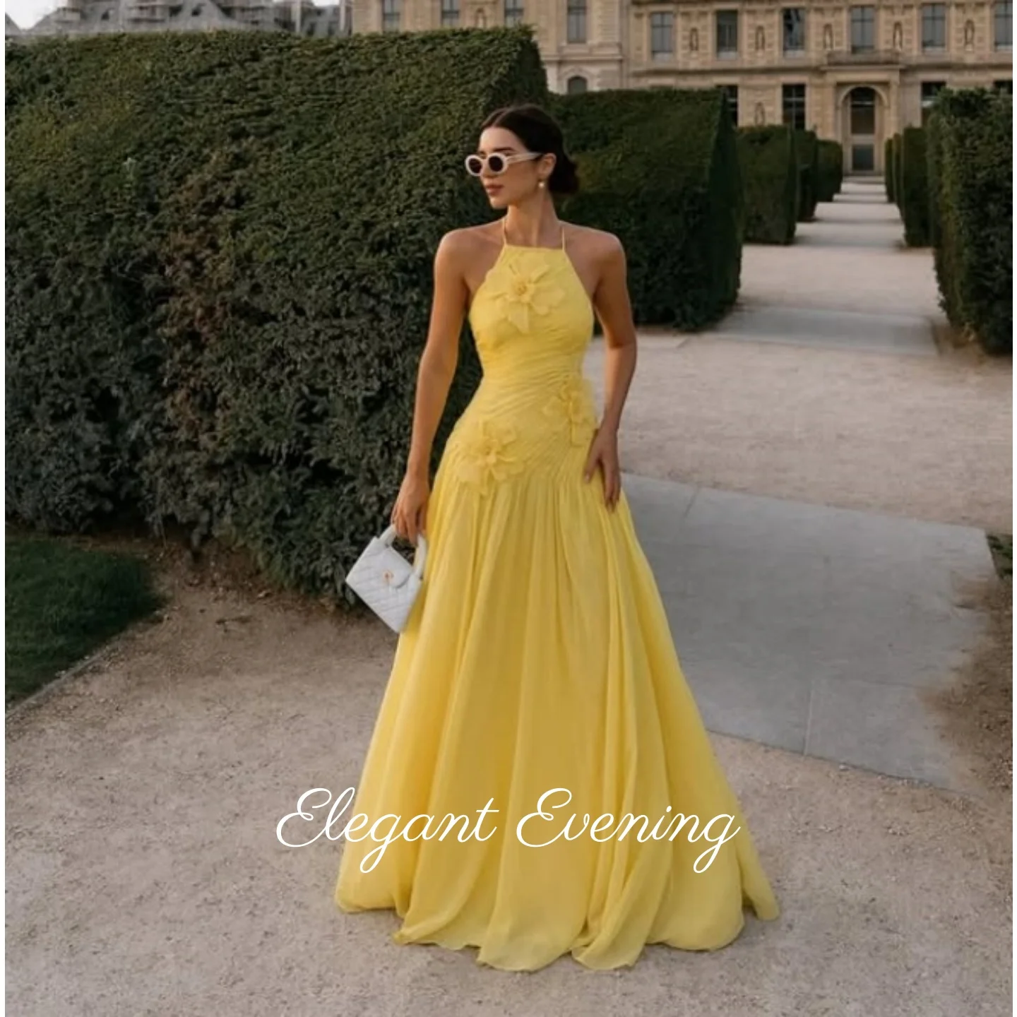 

Sweet Yellow Chiffon Prom Dress Elegant Vintage Evening Party Gowns Ruffle Flowers Customized Formal Occasion Prom Dress