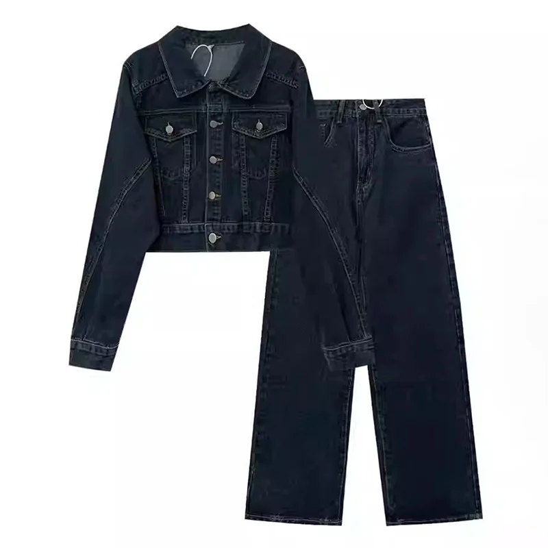 

Стильная темно-синяя джинсовая куртка, женские модные свободные топы с лацканами и длинными рукавами, женские повседневные стильные простые свободные брюки