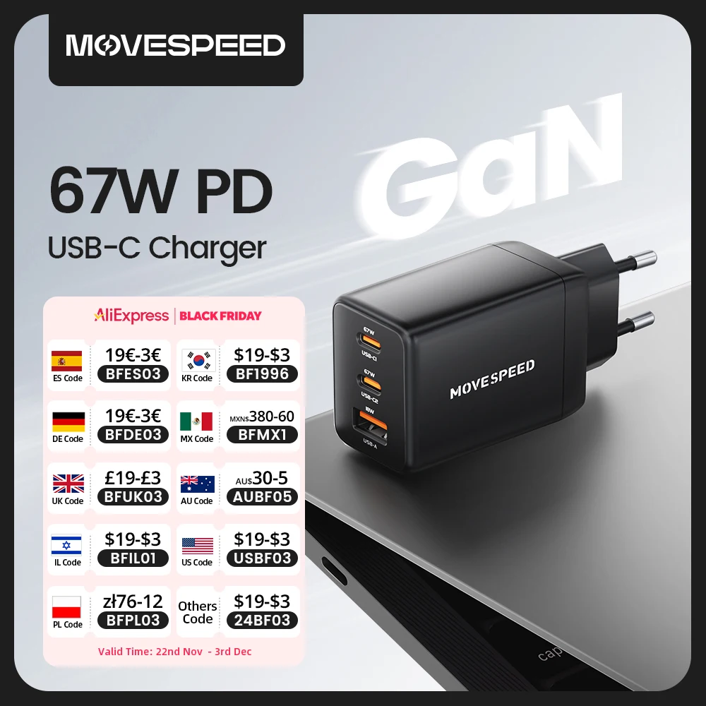 MOVESPEED 67W USB-C Charger Fast Charging 65W PD Type C PPS GaN Charger Adapter for iPhone 16 Pro MacBook Air Samsung S24 Huawei