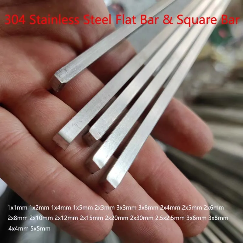Barra plana de aço inoxidável 304, 4 unidades, l500mm e barra quadrada, durável, aço sólido, pequena barra de aço 1x1mm 1x2mm 1x4mm 1x5mm 2x3mm
