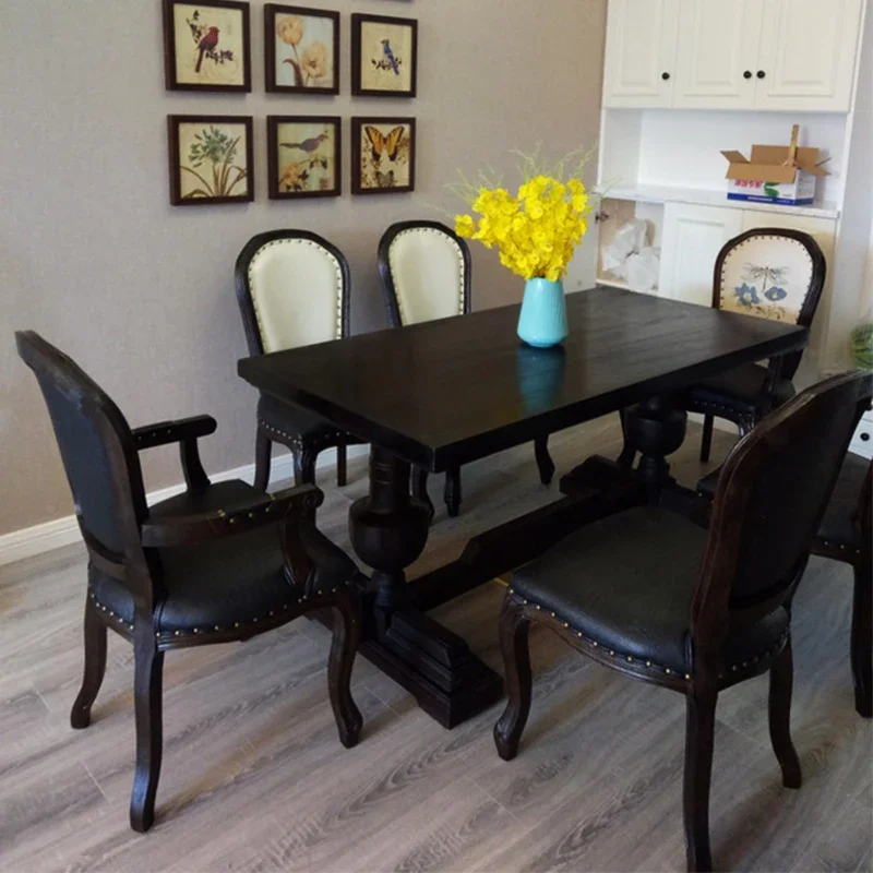 

American retro solid wood home French country dining table small rectangular table log six table and chair combination