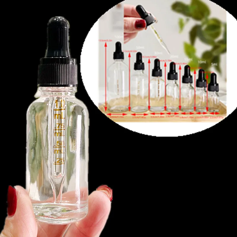 투명 유리 드로퍼 병, 눈금 표시가 있는 시약/안약/아로마테라피 액체 피펫 병, 여행용 리필 가능