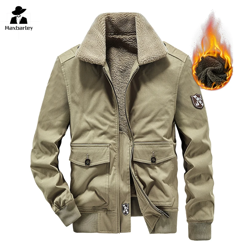 Winter Lamb Wool Jacket Men\'s Fashion Vintage Plush Lining Thickened Warm Parka Men\'s Outdoor Work Wool Collar Cold-proof Coat