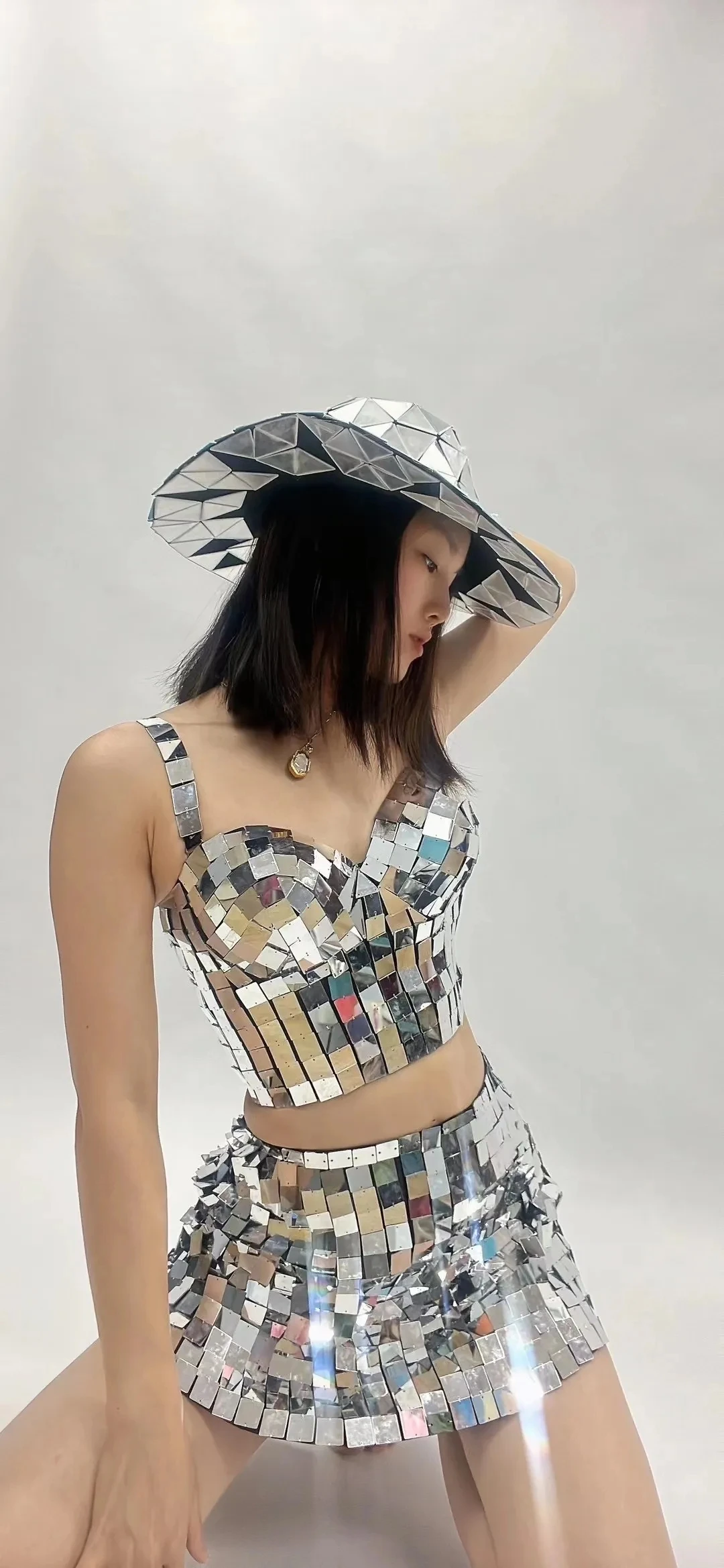 3 Pieces Set Women Silver Mirrors Bra Shorts Dress Sequins Dance Costume Nightclub Outfit Show Wear