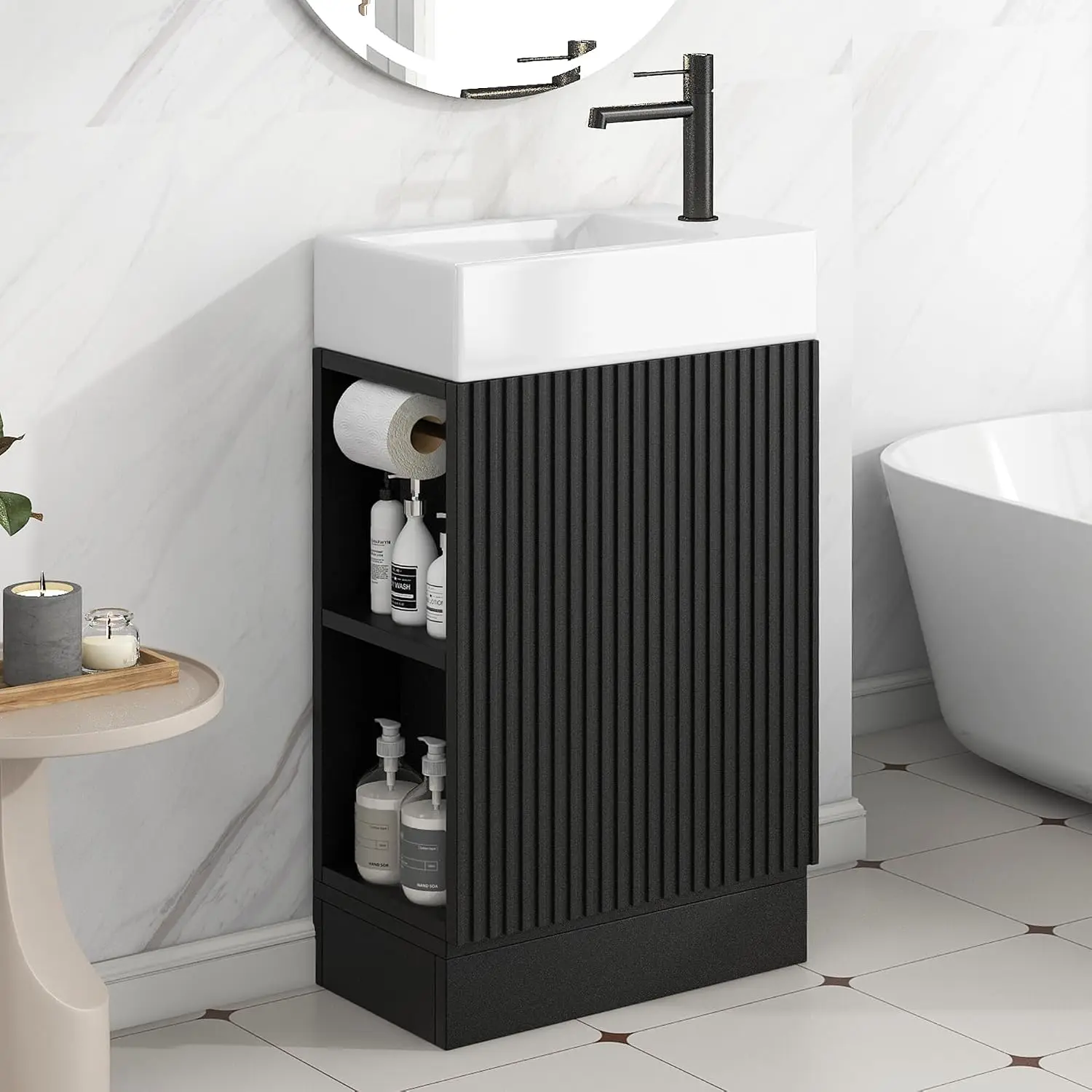 18 Inch Modern Bathroom Vanity With Sink Bathroom Storage Cabinet Top Surface Frame Wooden Shelf Toilet Paper Holder Organizer Restroom Furniture For Small Space Studio, Wood Color