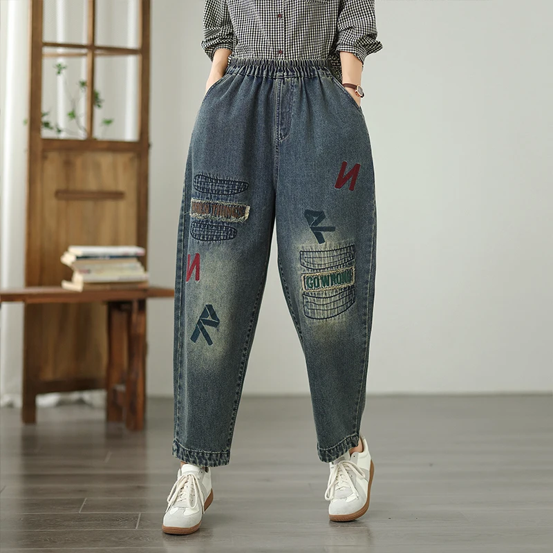 

Loose Casual Embroidered Dad Jeans Large Size Comfortable Quali Autumn Sle High Waist Nine Points Denim Cotton Blend