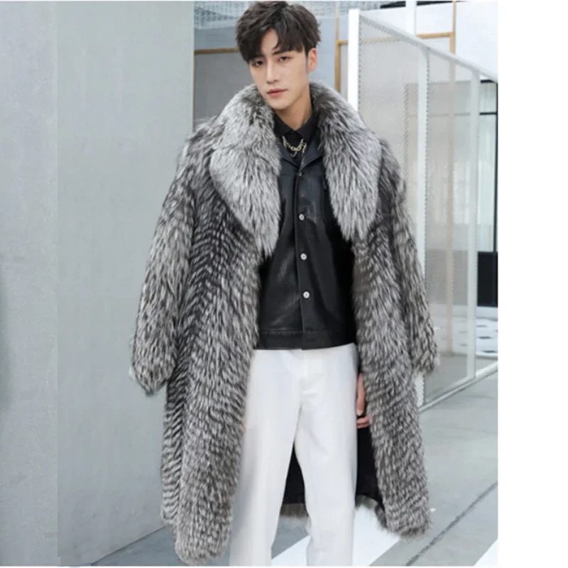 Luxury Men Winter Faux Fur Coat Warm Fox Fur Trench Coat Fluffy High Quality Faux Fur Jacket Simple Casual Design Soft Versatile