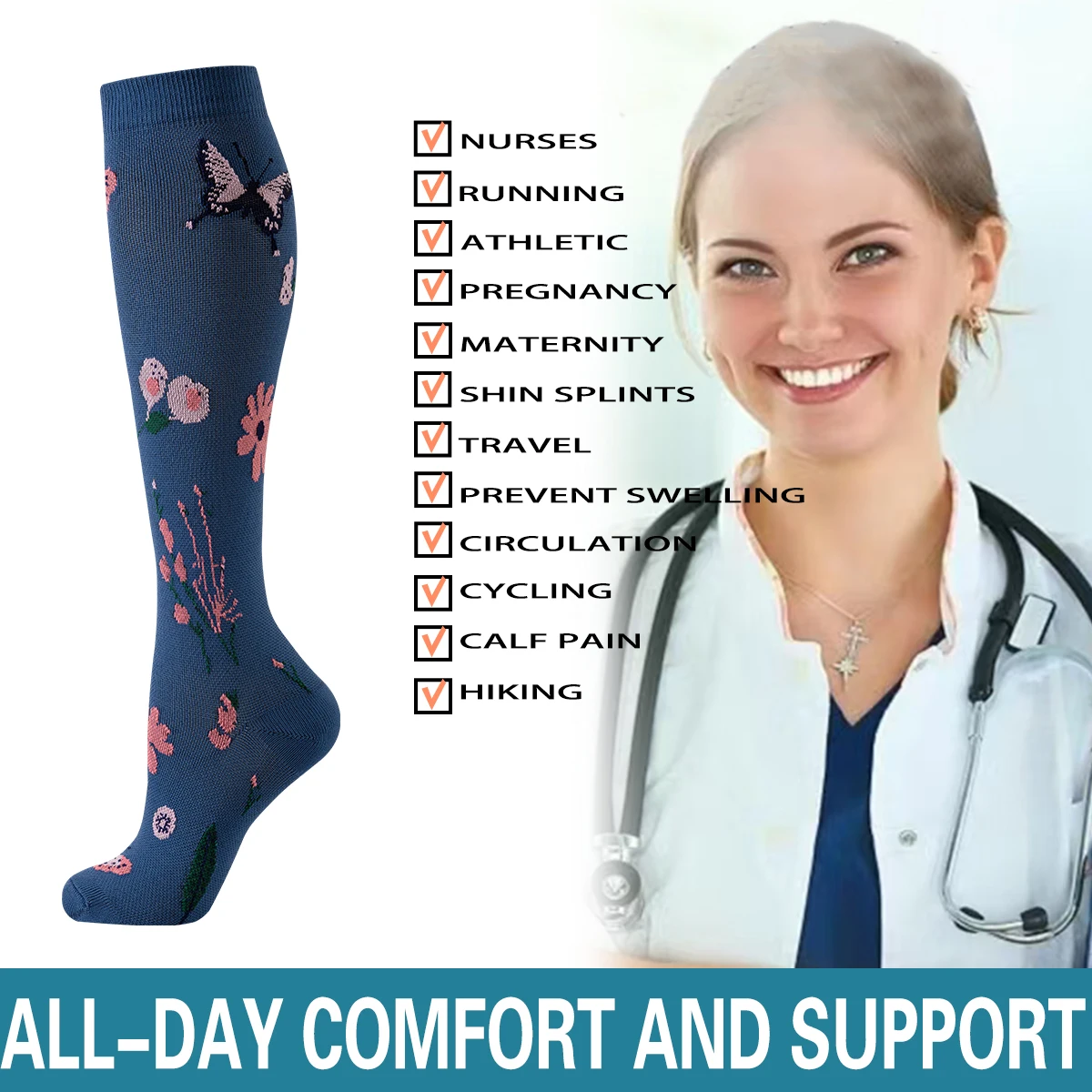 6 ペア花柄圧縮ソックス女性 & 男性ナース卒業圧縮ソックスフラワースポーツストッキング