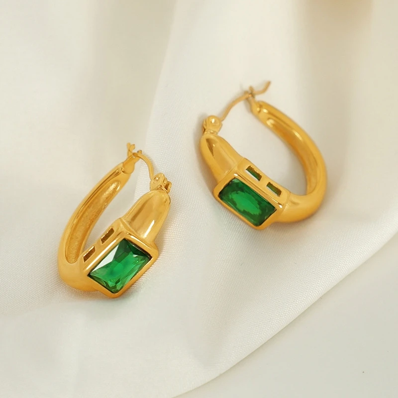 

Waterproof Stainless Steel Oval Emerald Ear Stud 18K Real Gold Plated Titanium Green Gem Zircon Topaz Ear Huggie Hoop Earring