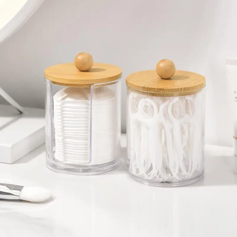 Organisateur de cotons-tiges avec couvercles en bambou, pot en plastique transparent pour rangement de maquillage sur coiffeuse