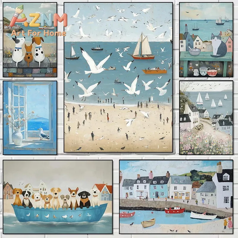 Summer Ocean Seagulls Cats and Dogs Poster Print Canvas Art Pictures Home for Living Room Bedroom Wall Decor Frameless Painti