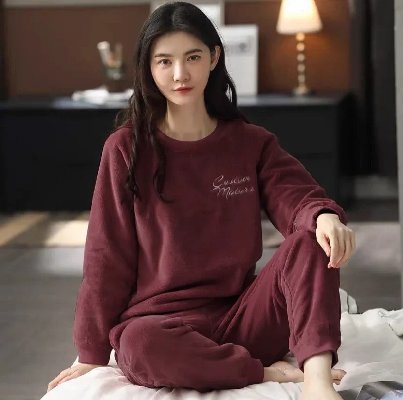 French Fashion Simple Pajamas Set for Women Vintage Casual Soft Embroidery Letter Sleepwear Crew Neck Winter Warm Nightwear