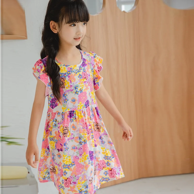 Vestido Manga Pétala Respirável para Meninas, Vestido de Uma Peça, Vestido Casual, Estampado De Flores Bonitinho, Verão, Novo, Tamanho 100-170