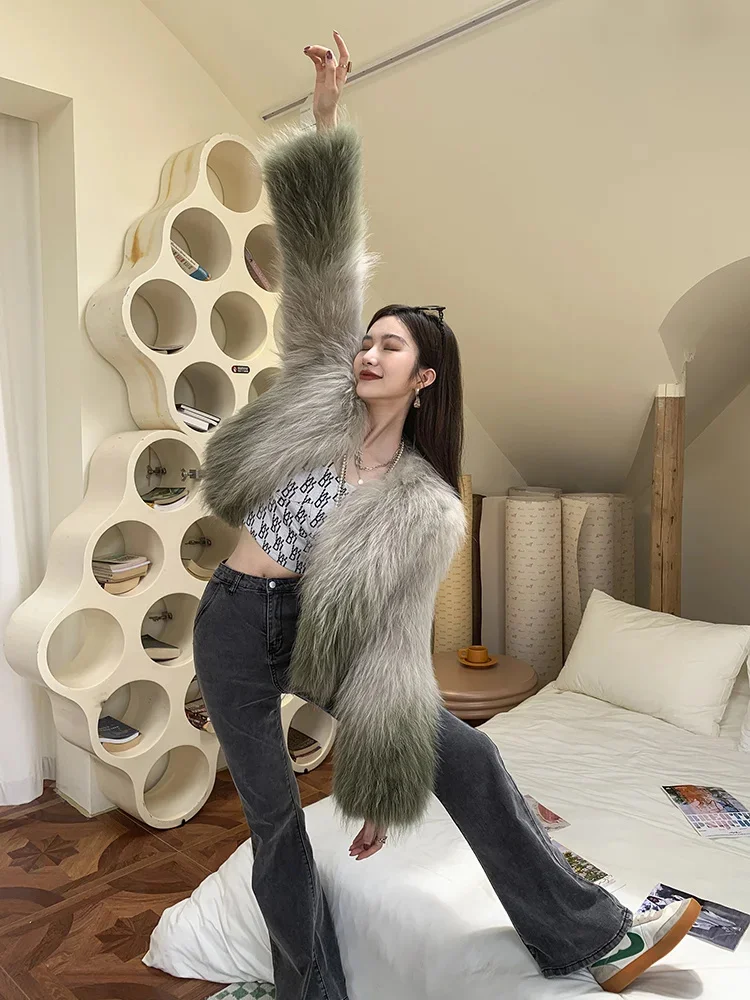 Color Gradient Real Fur Coat Women Luxury Double-sided Woven Raccoon Dog Warm Autumn Winter Jackets Female