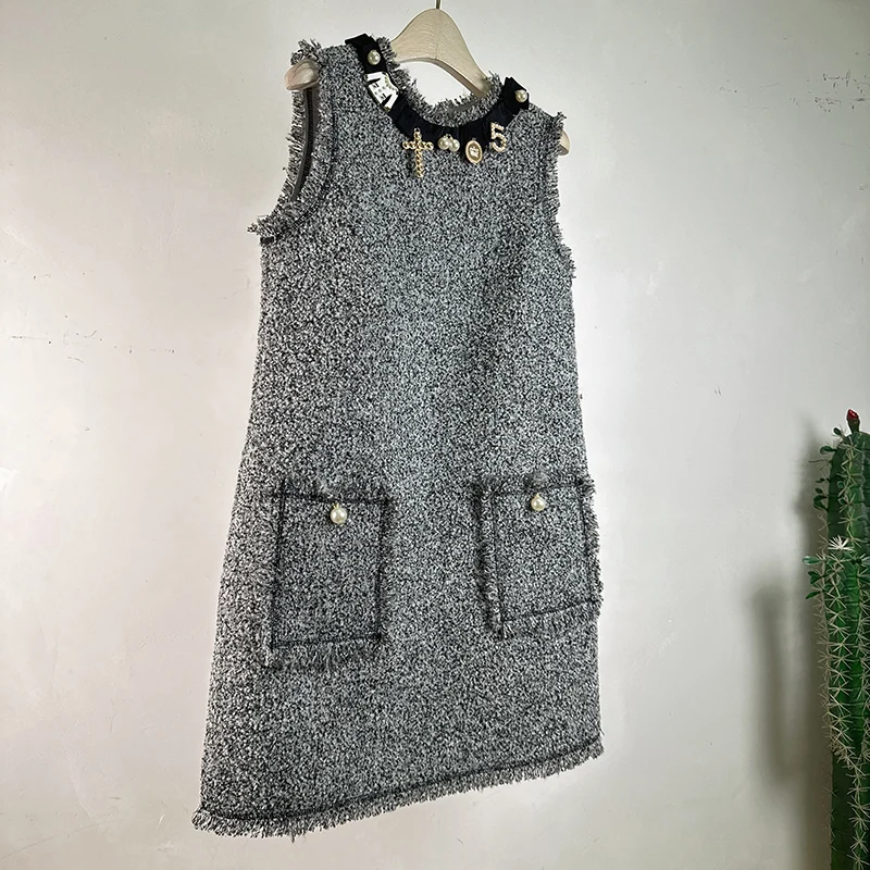 Black Round Neck Tassel Sleeveless Small Fragrance Dress Female Loose A Line Fashion Elegant High Quality Women Vest Tweed Dress