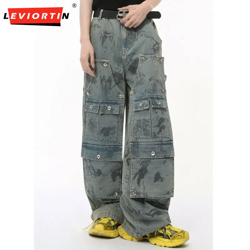 

men's autumn style niche heavyweight washed multi pocket button design jeans straight tube loose wide leg workwear pants trend