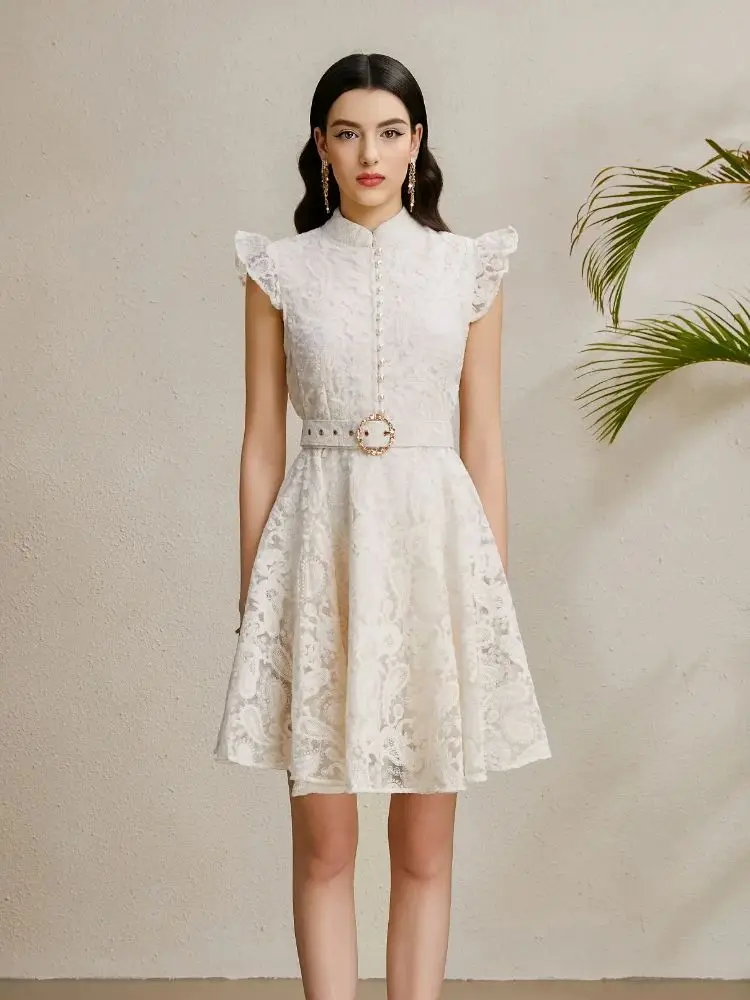 

Women's Holiday Crochet Lace Hollow out Embroidery Dress Stand Collar Mini Party Vestidos with Flying Sleeves Pearl Buttons Belt