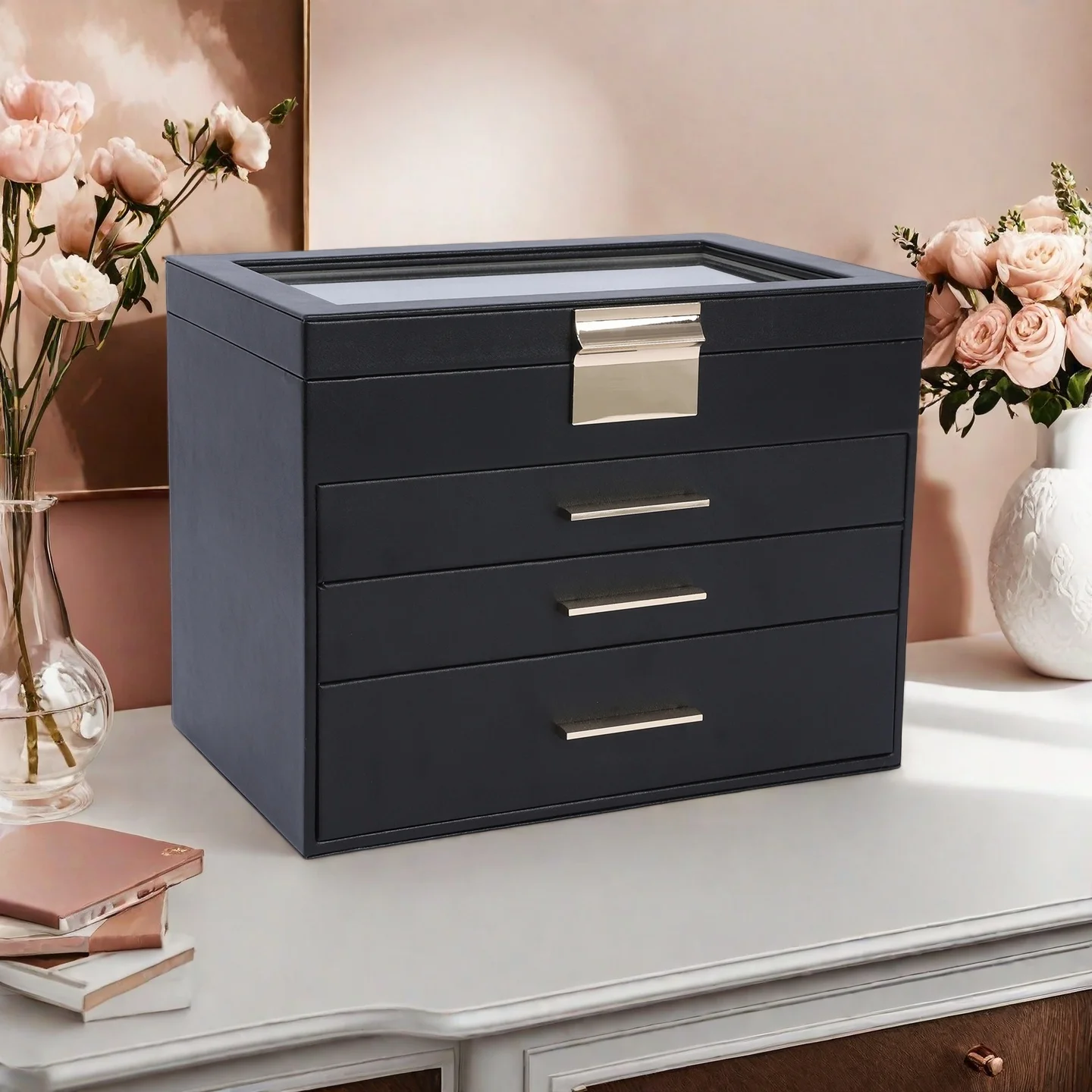 Velvet Jewelry Storage Box with 4 Drawers Clear Lid Organizer for Necklace Ring Bracelet Earring Display For Case