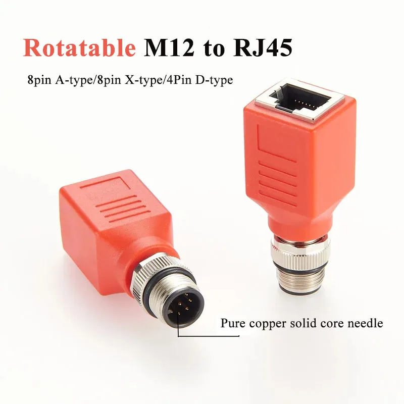 Rotatable M12 to RJ45 Connector Ethernet Extension Adapter 8Pin X-type 4 Pin D-code 8Pin D/A-type Male Head to rj45 Network Plug