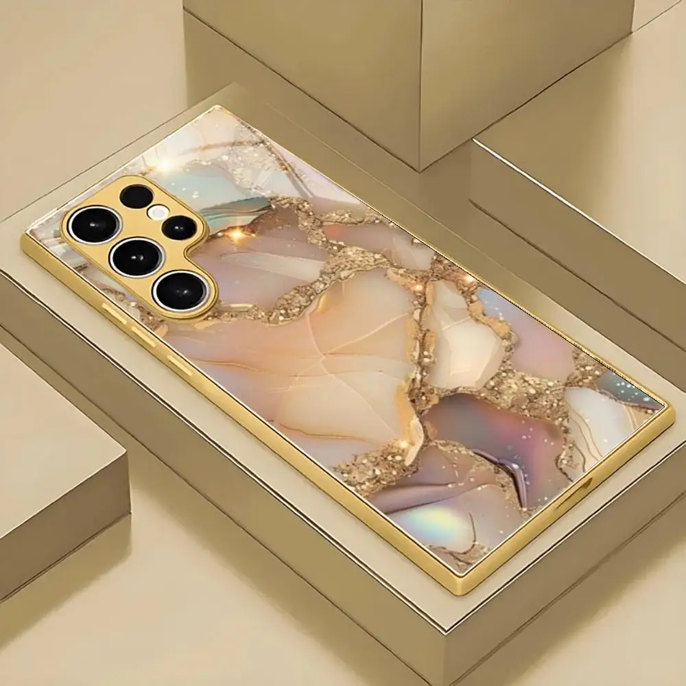 Electroplated Gold Glass Shockproof Phone Cases For Samsung Galaxy S26/S25/S24/S23/S22 Ultra Adorned With An Agate Flow Pattern