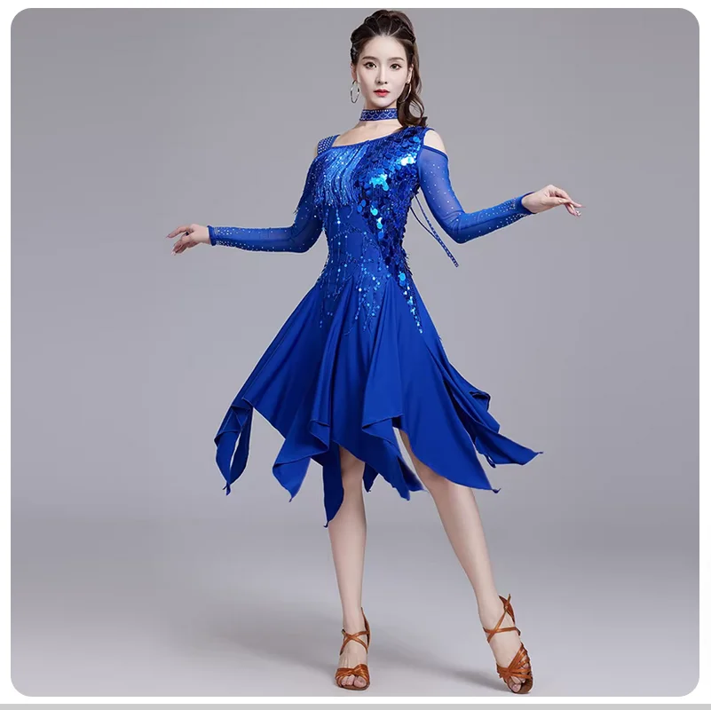 

New sequined long sleeved tassel dress for Latin dance performances