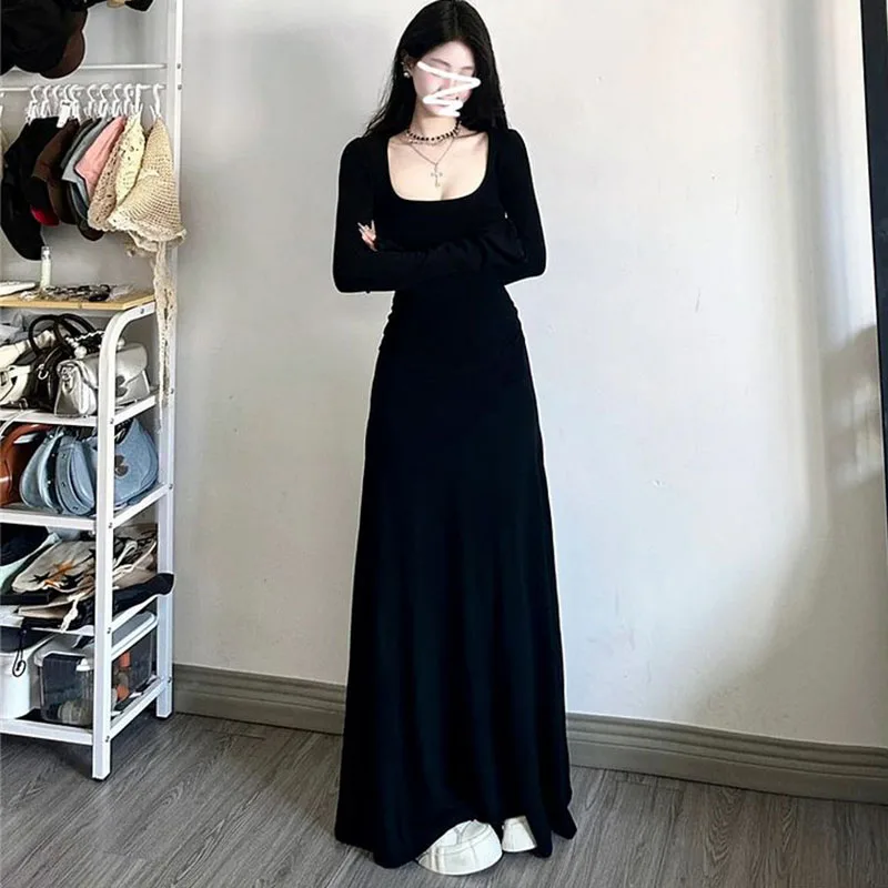 فستان أسود طويل الأكمام المرأة ربيع 2025 جديد التخسيس مزاجه ماكسي فساتين امرأة الكورية موضة شارع العليا فستان طويل