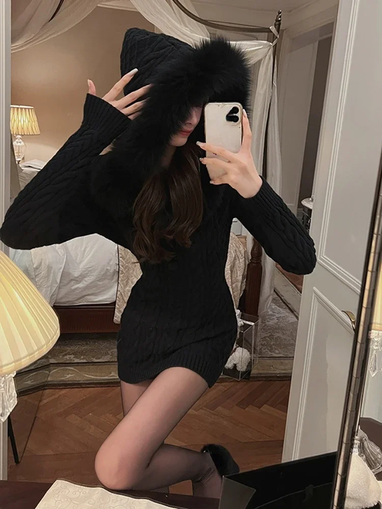 2023 Winter Knitted Sweater Dress with Hooded Women Slim Bodycon Y2k Mini Dress Faux Fur Female One Piece Dress Korean Elegant